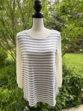 LOFT Gray & Cream Striped Long-Sleeve Scoop Neck Top